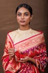 Shop_Pinki Sinha_Pink Muga Silk Handwoven Chevron Vine Banarasi Saree_at_Aza_Fashions