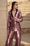 Cin Cin_Rose Gold Metallic Lycra Lapel Collar Blazer With Pant _Online_at_Aza_Fashions