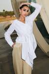 Cin Cin_White Poplin Plain V Neck Draped Top And Pant Set _at_Aza_Fashions