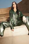 Buy_Cin Cin_Green Metallic Lycra Embroidered Sequin Collared Shirt And Pant Set _Online_at_Aza_Fashions