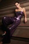 Cin Cin_Purple Metallic Lycra Embroidered Bodice Crystals Straight Neck Jumpsuit _Online_at_Aza_Fashions