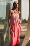 Cin Cin_Pink Satin Placement Embellished Sequins Halter Neck Ombre Dress _Online_at_Aza_Fashions