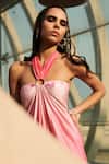 Cin Cin_Pink Satin Placement Embellished Sequins Halter Neck Ombre Dress _at_Aza_Fashions