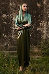 Cin Cin_Green Lycra Cowl V-neck Draped Bodice Dress _Online_at_Aza_Fashions