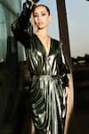 Cin Cin_Green Lycra Wrap V-neck Dress For Women_at_Aza_Fashions