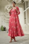Almaari By Pooja Patel_Red Chanderi Gota Patti V-neck Floral Print A-line Kurta With Pant _Online_at_Aza_Fashions