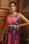 Almaari by Pooja Patel_Blue Modal Satin Print Floral Round Neck Retro Gown_at_Aza_Fashions