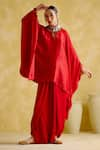 5Elements_Red Modal Satin Embellished Metal Arundhati Bead Placement Kaftan And Pant Set _Online_at_Aza_Fashions