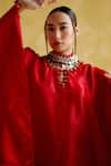 Buy_5Elements_Red Modal Satin Embellished Metal Arundhati Bead Placement Kaftan And Pant Set 