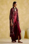 Buy_5Elements_Maroon Modal Satin Embellished Bandhani Jacket Open Malini Draped Skirt Set _Online_at_Aza_Fashions