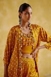 5Elements_Yellow Modal Satin Embellished Bandhani Malini Pattern Overlay Pant Set _at_Aza_Fashions