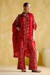 Buy_5Elements_Red Modal Satin Embellished Bandhani Shirt Collar Coin Tassel Kaftan _at_Aza_Fashions