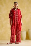 5Elements_Red Modal Satin Embellished Bandhani Shirt Collar Coin Tassel Kaftan _Online_at_Aza_Fashions