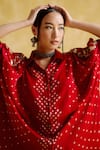 5Elements_Red Modal Satin Embellished Bandhani Shirt Collar Coin Tassel Kaftan _at_Aza_Fashions