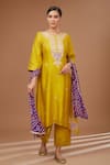 Buy_BAIDEHI_Yellow Kurta Chanderi Silk Embroidered Pitta Work Round Asymmetric Pant Set _at_Aza_Fashions