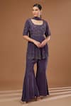 Buy_BAIDEHI_Purple Crepe Embroidered Sequin U-neck Floral Jaal Peplum Kurta Sharara Set _at_Aza_Fashions