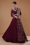 Buy_BAIDEHI_Wine Georgette Embroidery Floral Sequin Stand Collar Bloom Gown _at_Aza_Fashions