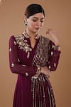 BAIDEHI_Wine Georgette Embroidery Floral Sequin Stand Collar Bloom Gown _Online_at_Aza_Fashions