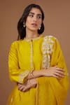 Buy_BAIDEHI_Yellow Bamber Silk Embroidery Pearls Mandarin Collar Floral Dori Kurta Pant Set _Online_at_Aza_Fashions