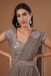 BAIDEHI_Grey Georgette Embroidery Sequin Jewel Neck Florid Patch Pre-draped Saree Set _Online_at_Aza_Fashions