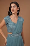 BAIDEHI_Blue Georgette Embroidery Sequin Jewel Neck Floret Patch Pre-draped Saree Set _Online_at_Aza_Fashions