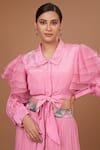 Buy_BAIDEHI_Pink Crepe Embroidery Sequin Collar Ruffled Balloon Sleeves Crop Top With Skirt _Online_at_Aza_Fashions