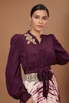 Buy_BAIDEHI_Wine Crepe Embroidery Sequin Ruffled Balloon Sleeves Crop Top With Shibori Skirt _Online_at_Aza_Fashions