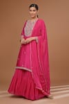 Buy_BAIDEHI_Pink Bamber Silk Embroidery Dabka Notched Round Petunia Kurta Sharara Set _at_Aza_Fashions