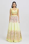 Label Priyanka Kar_Yellow Cotton Printed Floral Sweetheart Sequin Embroidered Lehenga Set _Online_at_Aza_Fashions