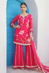 Buy_Seams Pret And Couture_Pink Net Embroidery Floral Leaf Neck Seher Kurta Sharara Set _at_Aza_Fashions