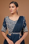 Buy_BAIDEHI_Blue Blouse Bamber Silk Embroidered Zari V-neck Border Draped Lehenga Saree Set _Online_at_Aza_Fashions