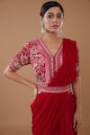 BAIDEHI_Red Crepe Embroidered Thread V-neck Draped Layered Lehenga Saree Blouse Set_Online_at_Aza_Fashions