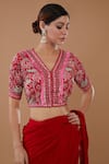 Buy_BAIDEHI_Red Crepe Embroidered Thread V-neck Draped Layered Lehenga Saree Blouse Set_Online_at_Aza_Fashions