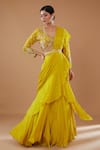 Buy_BAIDEHI_Yellow Crepe Embroidered Sequin Layered Draped Ruffle Lehenga Saree With Blouse _at_Aza_Fashions