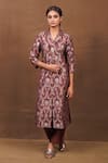 Buy_Pinki Sinha_Brown Banarasi Silk Handwoven Floral Lapel Collar Long Coat With Pant _at_Aza_Fashions