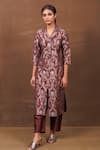 Pinki Sinha_Brown Banarasi Silk Handwoven Floral Lapel Collar Long Coat With Pant _Online_at_Aza_Fashions