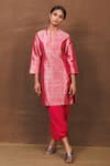 Buy_Pinki Sinha_Pink Banarasi Silk Handwoven Geometric Notched Collar Kurta With Dhoti Skirt _at_Aza_Fashions