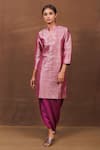 Buy_Pinki Sinha_Magenta Banarasi Silk Handwoven Geometric Notched Collar Kurta With Dhoti Skirt _at_Aza_Fashions