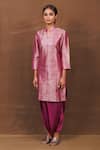 Pinki Sinha_Magenta Banarasi Silk Handwoven Geometric Notched Collar Kurta With Dhoti Skirt _Online_at_Aza_Fashions