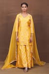 Buy_Pinki Sinha_Yellow Banarasi Silk Handwoven Floral V Neck Kurta Sharara Set _at_Aza_Fashions