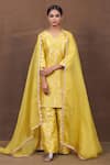 Buy_Pinki Sinha_Yellow Banarasi Silk Handwoven Floral V Neck Straight Kurta Sharara Set _at_Aza_Fashions