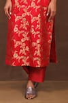 Pinki Sinha_Red Banarasi Silk Handwoven Floral V Neck Straight Kurta And Pant Set _Online_at_Aza_Fashions