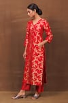 Buy_Pinki Sinha_Red Banarasi Silk Handwoven Floral V Neck Straight Kurta And Pant Set _Online_at_Aza_Fashions