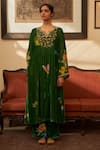 Buy_Label Earthen_Green Silk Velvet Printed And Hand Embroidered Floral Rani Bahar Kurta & Pant Set _Online_at_Aza_Fashions