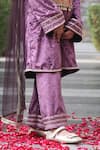 Shop_Taber Tikri_Purple Velvet Embroidered Thread Yoke Kurta Set  _at_Aza_Fashions