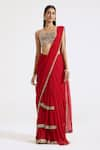 Buy_Basanti - Kapde Aur Koffee_Red Saree Georgette Embroidery Mirror Square Neck Pre-draped With Silk Blouse _at_Aza_Fashions