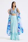 Buy_Basanti - Kapde Aur Koffee_Blue Crepe Printed And Embroidered Abstract Stripe Cape Open Skirt Set _at_Aza_Fashions