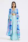 Basanti - Kapde Aur Koffee_Blue Crepe Printed And Embroidered Abstract Stripe Cape Open Skirt Set _Online_at_Aza_Fashions