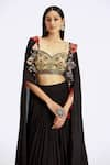 Shop_Basanti - Kapde Aur Koffee_Black Chinon Printed And Embroidered Floral Cape Applique Blouse Skirt Set _at_Aza_Fashions