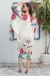 Shop_Tasuvure_White Pleated Polyester Print Kimono Kitsch Botanical Pattern Dress  _at_Aza_Fashions